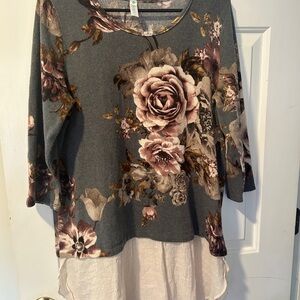 Floral Print Women's Top - Gray and Cream
